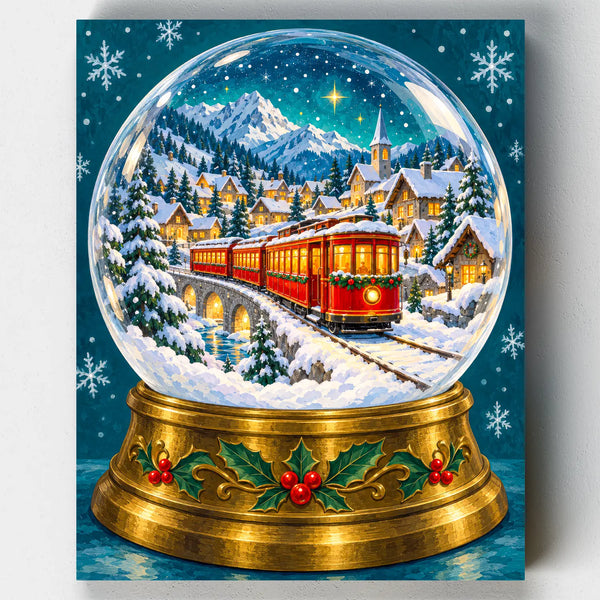 Snow Globe Express. A red train crosses a bridge through a snowy village inside a snow globe in this Christmas paint by numbers kit.