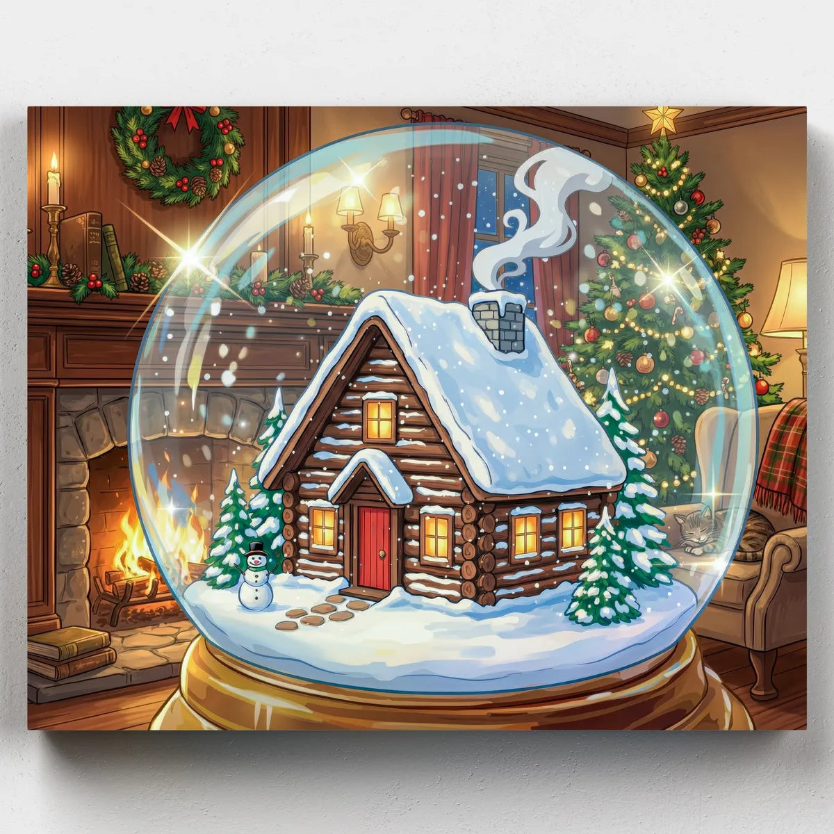 Christmas-themed snow globe with a log cabin inside, surrounded by festive decorations.