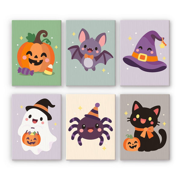 Soft Kawaii Halloween mini paint by numbers set showing all six Halloween designs