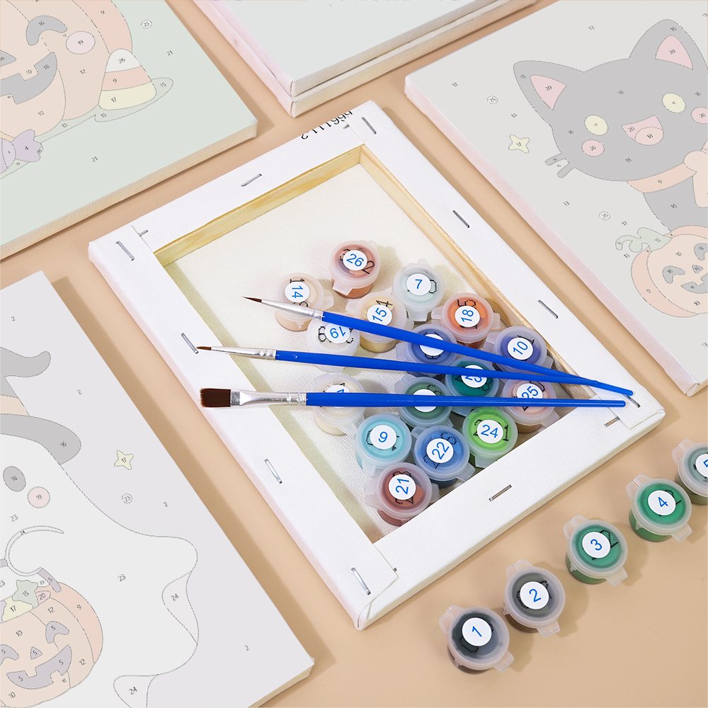 Numbered canvases, paint pots and brushes from the Soft Kawaii Halloween set