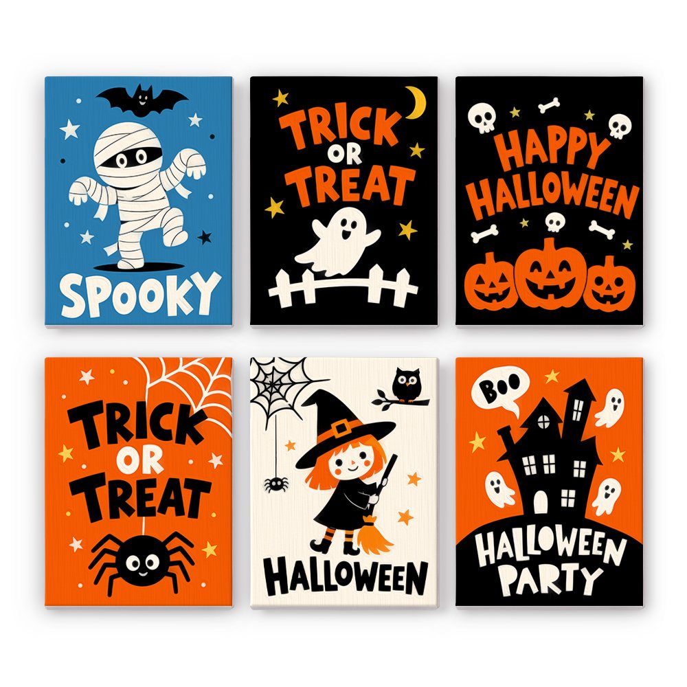 Spooky Poster Collection mini paint by numbers set showing all six Halloween designs