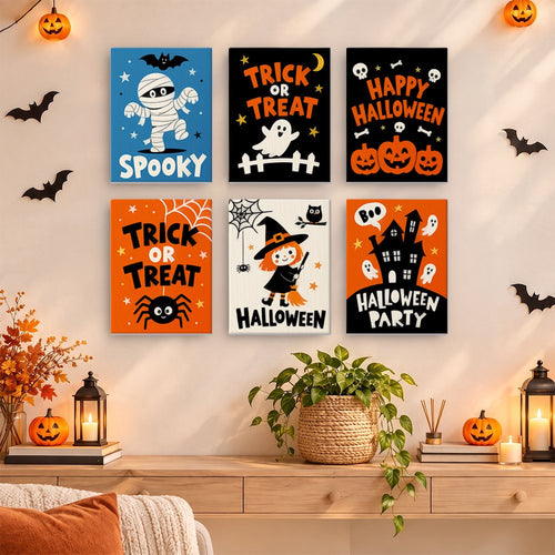 Spooky Poster Collection mini paint by numbers set hung as a small Halloween gallery wall