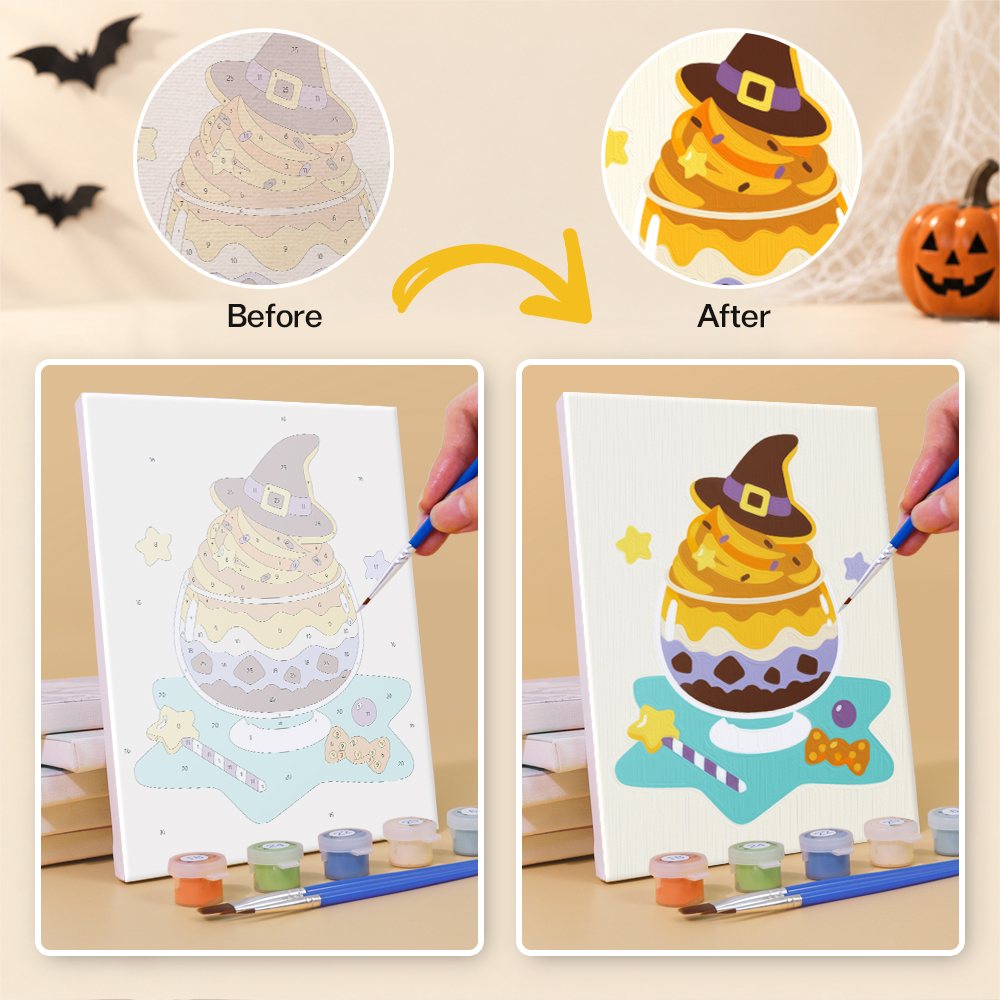 Before and after painting a Spooky Sweets mini canvas