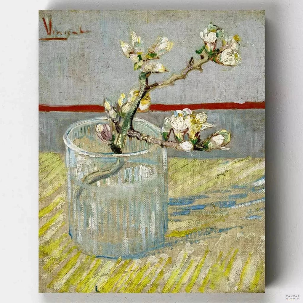 Sprig of Flowering Almond in a Glass - Paint by Numbers-A simple glass vase filled with water in which rests a delicate sprig of pink and white blossoming almond branches. Recreate it with CBN!-Canvas by Numbers