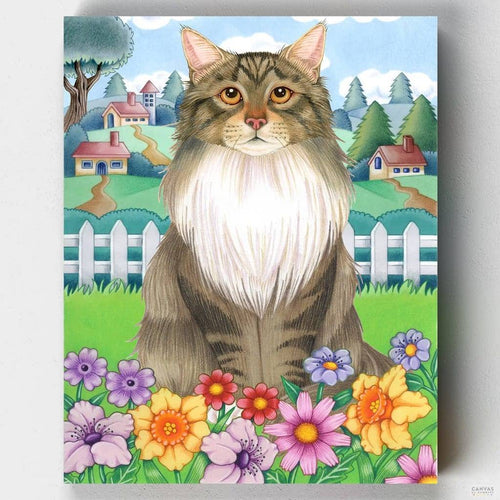 Spring Maine Coon. Do you love cats, flowers, and a blue sky? Say no more! Get hours of fun with this original paint by numbers kit! Only at Canvas by Numbers.