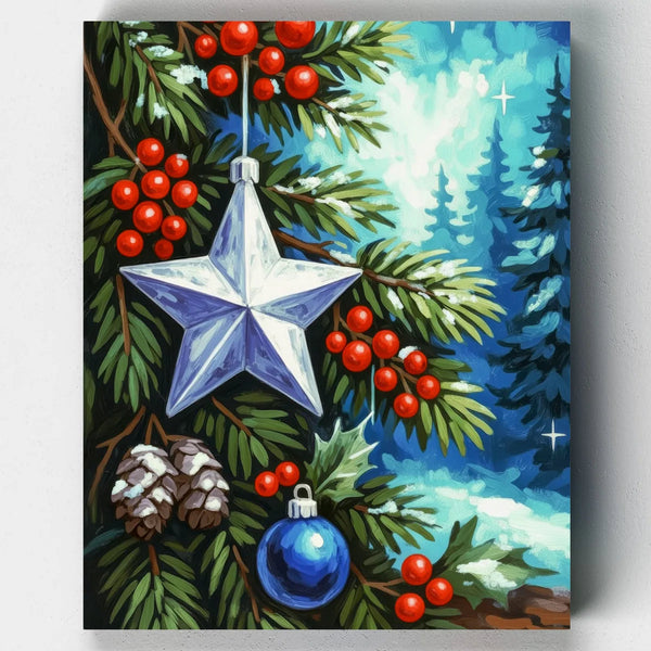 Decorative painting of a blue star ornament with greenery and berries on a white background