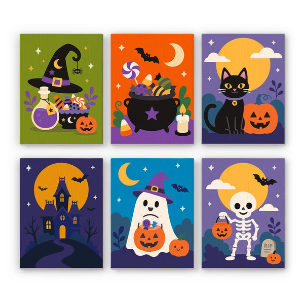 Starlit Orange Moon Night mini paint by numbers set showing all six Halloween designs