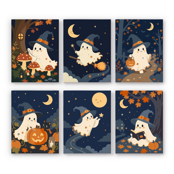 Starry Ghost Wanderers mini paint by numbers set showing all six Halloween designs
