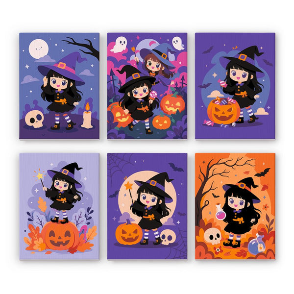 Starry-Hat Witchling mini paint by numbers set showing all six Halloween designs