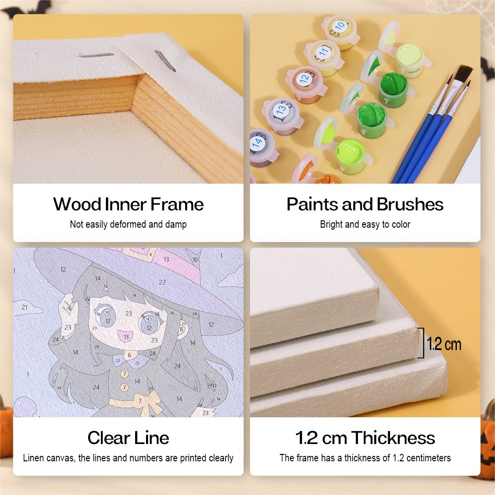 Canvas, wood frame, paint and brush details for the Starry-Hat Witchling mini set
