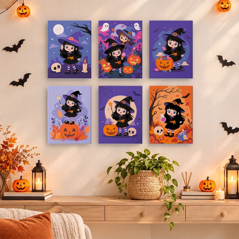 Starry-Hat Witchling mini paint by numbers set hung as a small Halloween gallery wall