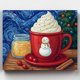 Painting of a red mug with whipped cream, a jar of honey, and cinnamon sticks on a table with a starry night background.