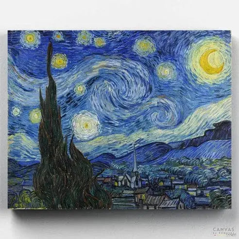 Starry Night Paint by Numbers. Transport yourself to a moonlit village with our "Starry Night" Paint by Numbers kit, inspired by Vincent Van Gogh's iconic artwork from Canvas by Numbers.