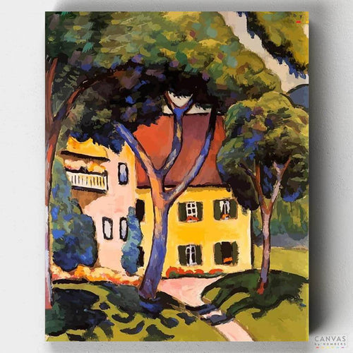 Staudacher's House at the Tegernsee. Recreate August Macke’s iconic "Staudacher's House at the Tegernsee" with our paint by numbers kit. Easy-to-follow guide, ideal for all skill levels.