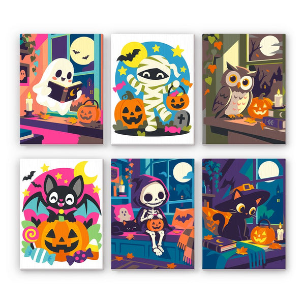 Staying In on Halloween mini paint by numbers set showing all six Halloween designs