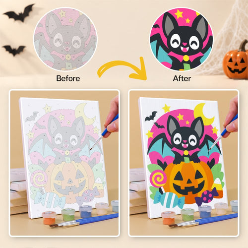 Before and after painting a Staying In on Halloween mini canvas