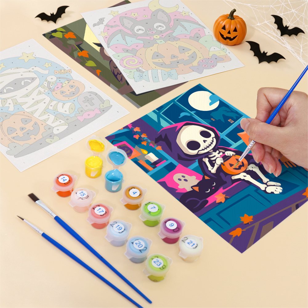 Close-up of a Staying In on Halloween mini canvas halfway painted