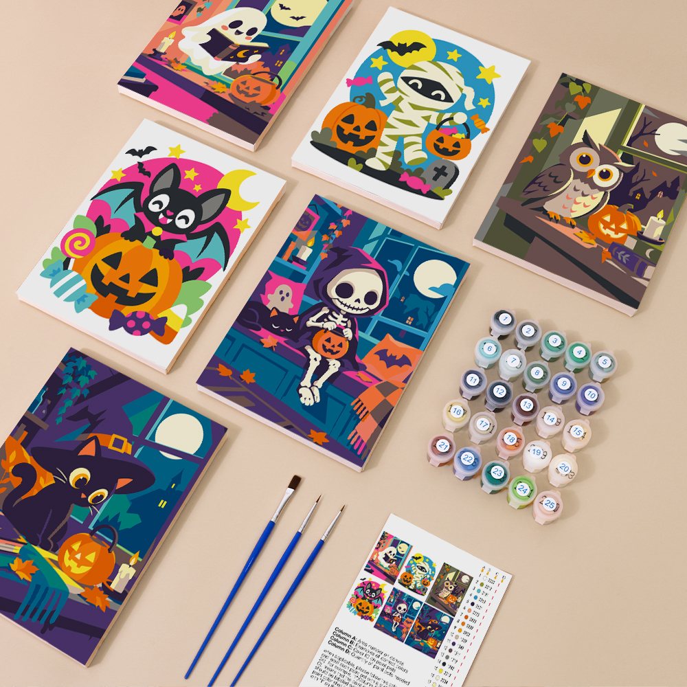 Staying In on Halloween kit contents with six numbered canvases, paints, brushes and reference sheet