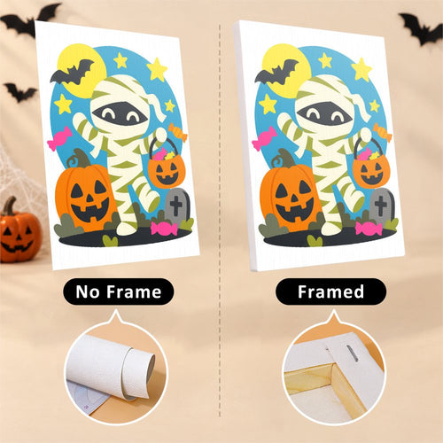 Staying In on Halloween canvas shown rolled with no frame and pre-stretched on a frame