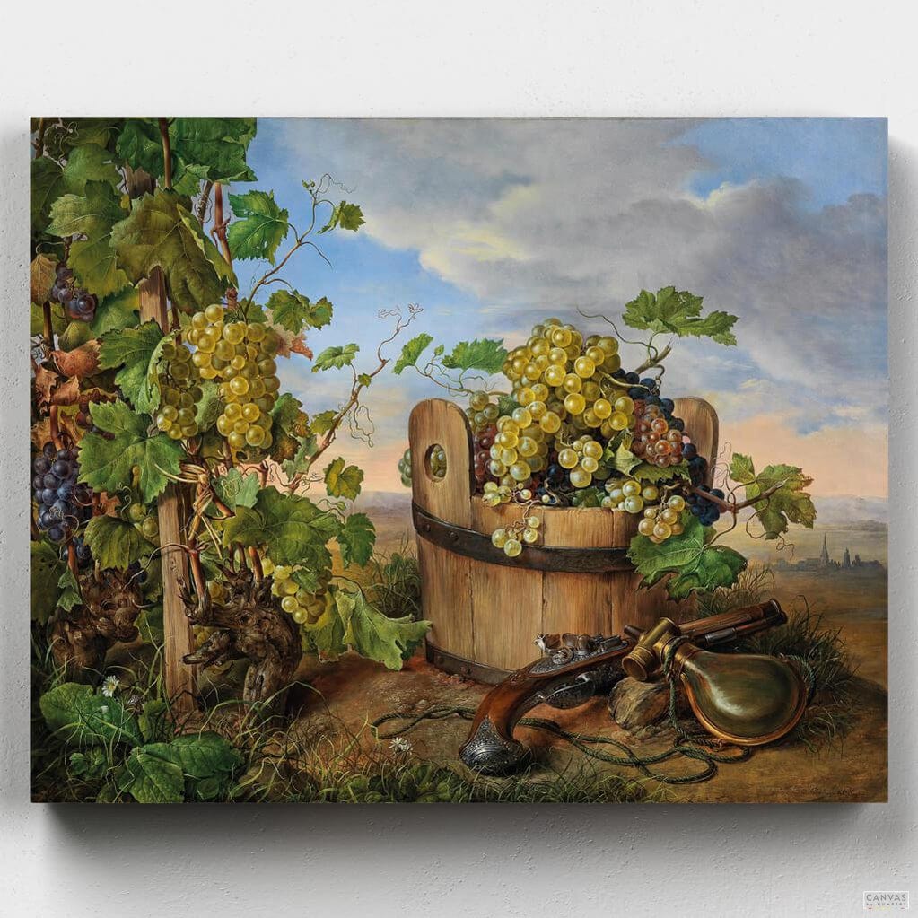 Still Life with Grapes and Gun - Paint by Numbers-Franz Xaver Petter was one of the most important still-life artists of the Biedermeier period in Vienna. Enjoy this paint by numbers rated excellent in Trustpilot with free shipping!-Canvas by Numbers