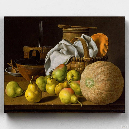 Still Life with Melon and Pears. This original work by Luis Egidio Menéndez will give your home a touch of class. Enjoy this paint by numbers rated excellent in Trustpilot.
