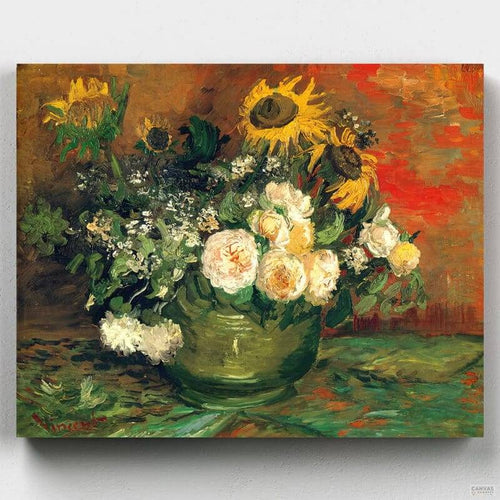 Still Life with Roses and Sunflowers. Enjoy painting Vincent Van Gogh's masterpiece "Still Life with Roses and Sunflowers" with Canvas by Numbers' high-quality Paint by Numbers kit.