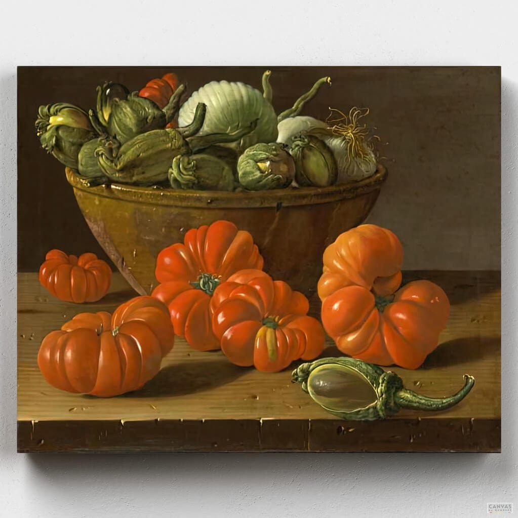 Still Life with Tomatoes, a Bowl of Aubergines & Onions - Paint by Numbers-Luis Egidio's mastery of composition and light enabled him to transform kitchen items into powerful images. Enjoy this paint by numbers at CBN!-Canvas by Numbers