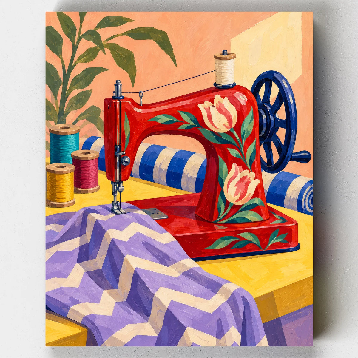 Stitched in Scarlet paint by numbers kit with a red vintage sewing machine painted with tulips