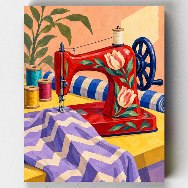 Stitched in Scarlet paint by numbers kit with a red vintage sewing machine painted with tulips