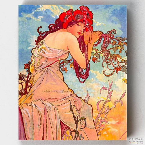 Summer. A beautiful feminine figure with a crown of red flowers symbolizes the arrival of summer. Enjoy painting this art-nouveau paint by numbers kit!