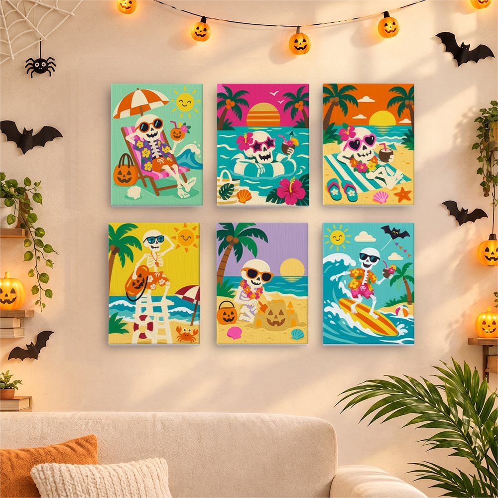 Sunbathing Skeletons mini canvases displayed together in a cozy Halloween living room