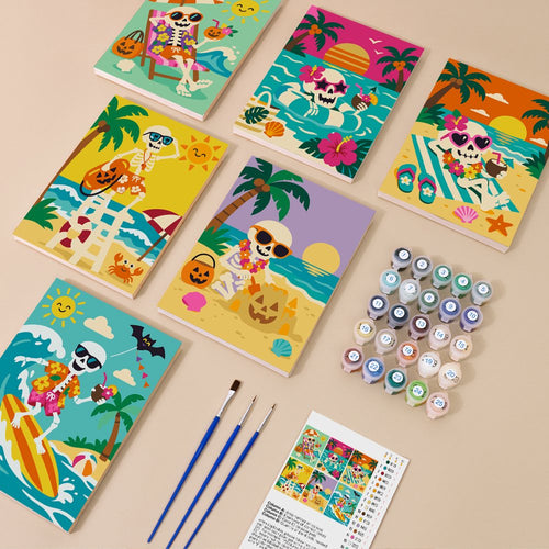 Sunbathing Skeletons kit contents with six numbered canvases, paints, brushes and reference sheet