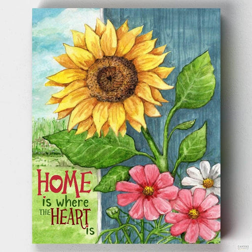 Sunflower Home Heart. Home is where the heart is. Exclusive to Canvas by Numbers, this gorgeous sunflower paint by numbers will delight artists with its colors and detail.