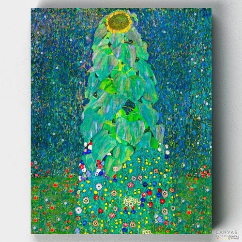 Sunflower. Colorful, intricate, and full of meaning. Reproduce Gustav Klimt's art with this Sunflower paint by numbers kit and enjoy our quality canvases.