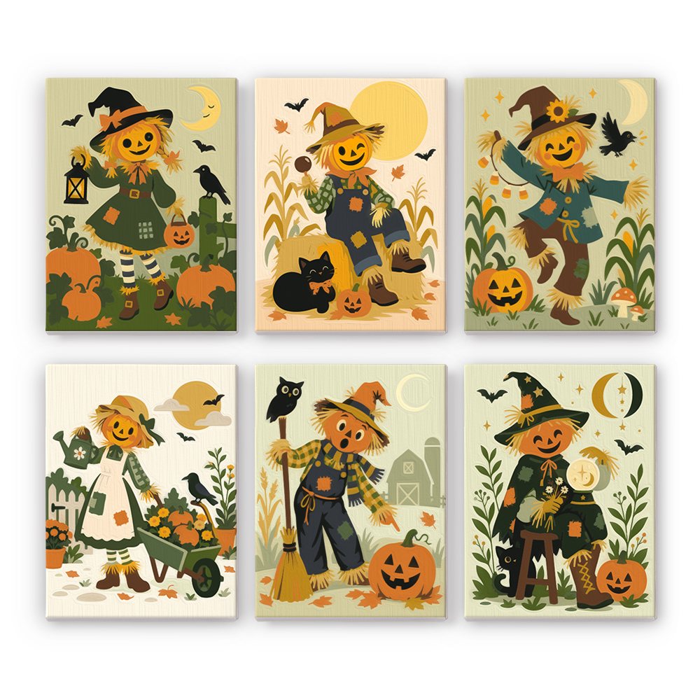 Sunflower Scarecrows mini paint by numbers set showing all six Halloween designs