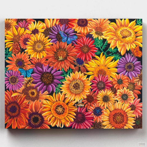 Sunflowers. A gorgeous sunflowers pattern full of colors with this exclusive paint by numbers by American artist Andrea Strongwater. Only at Canvas by Numbers.