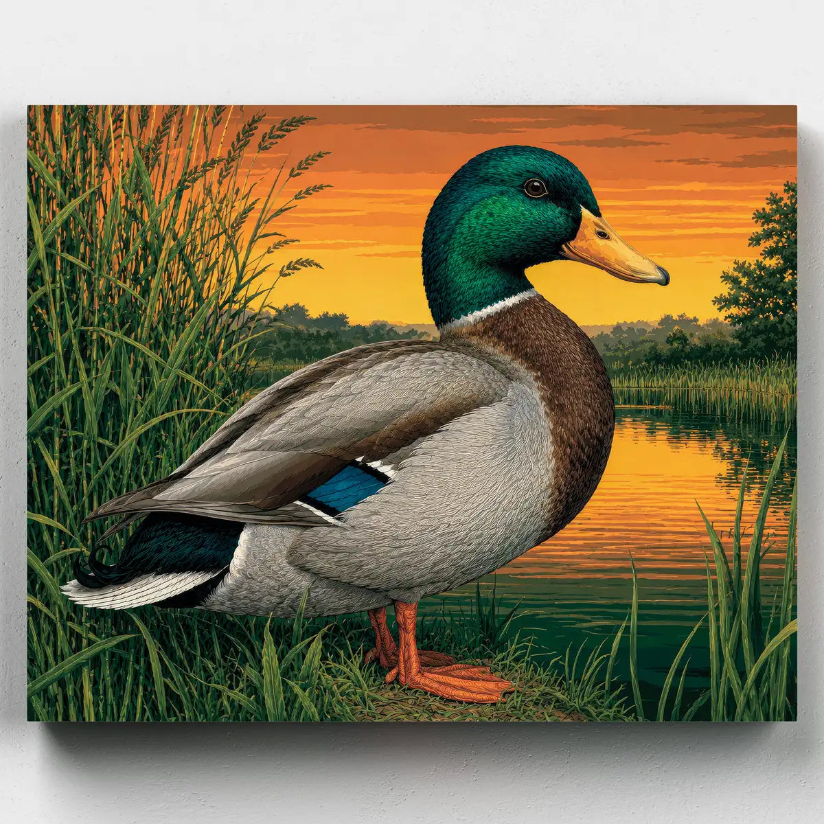 Painting of a duck by a lake with a sunset background