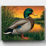 Painting of a duck by a lake with a sunset background