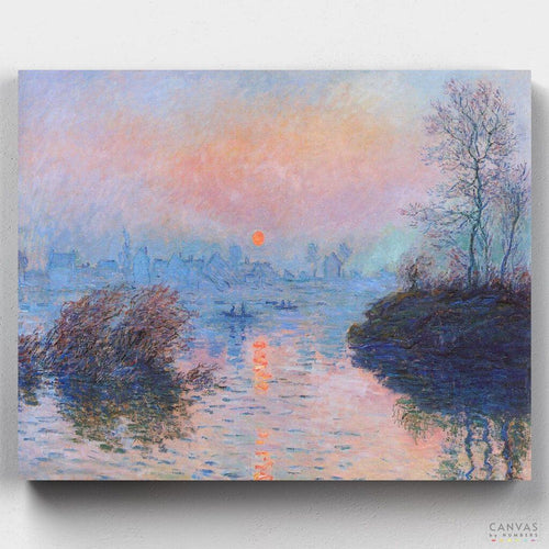 Sunset on the Seine at Lavacourt. Paint 'Sunset on the Seine at Lavacourt' with our Monet paint by numbers kit. Experience the magic of the subtle interplay of light and color in every stroke.