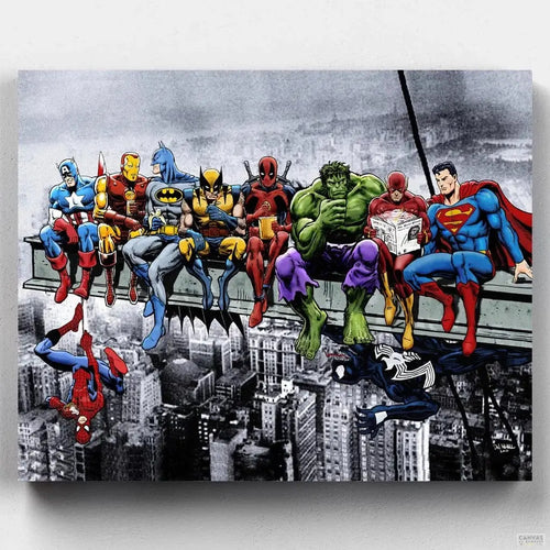 Superheroes Lunch Atop A Skyscraper. A fun scene of Marvel and DC iconic superheroes having lunch as construction workers. Comics fans will have a blast with this paint by numbers!