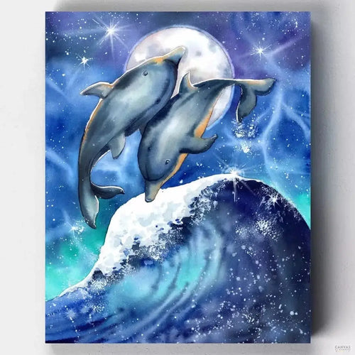 Surfing Under the Moon. Get ready to ride the waves with this cool, calming paint by numbers featuring dolphins swimming under a bright full moon. Only at Canvas by Numbers!