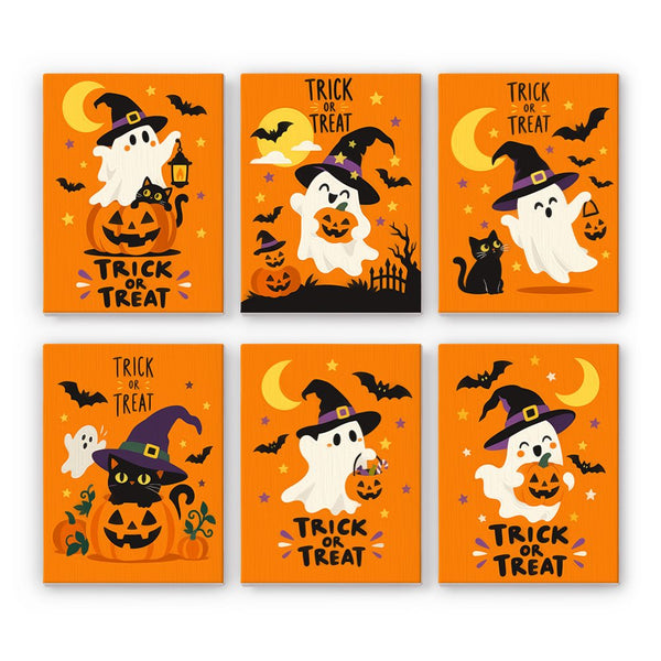 Tangerine Ghost Gang mini paint by numbers set showing all six Halloween designs