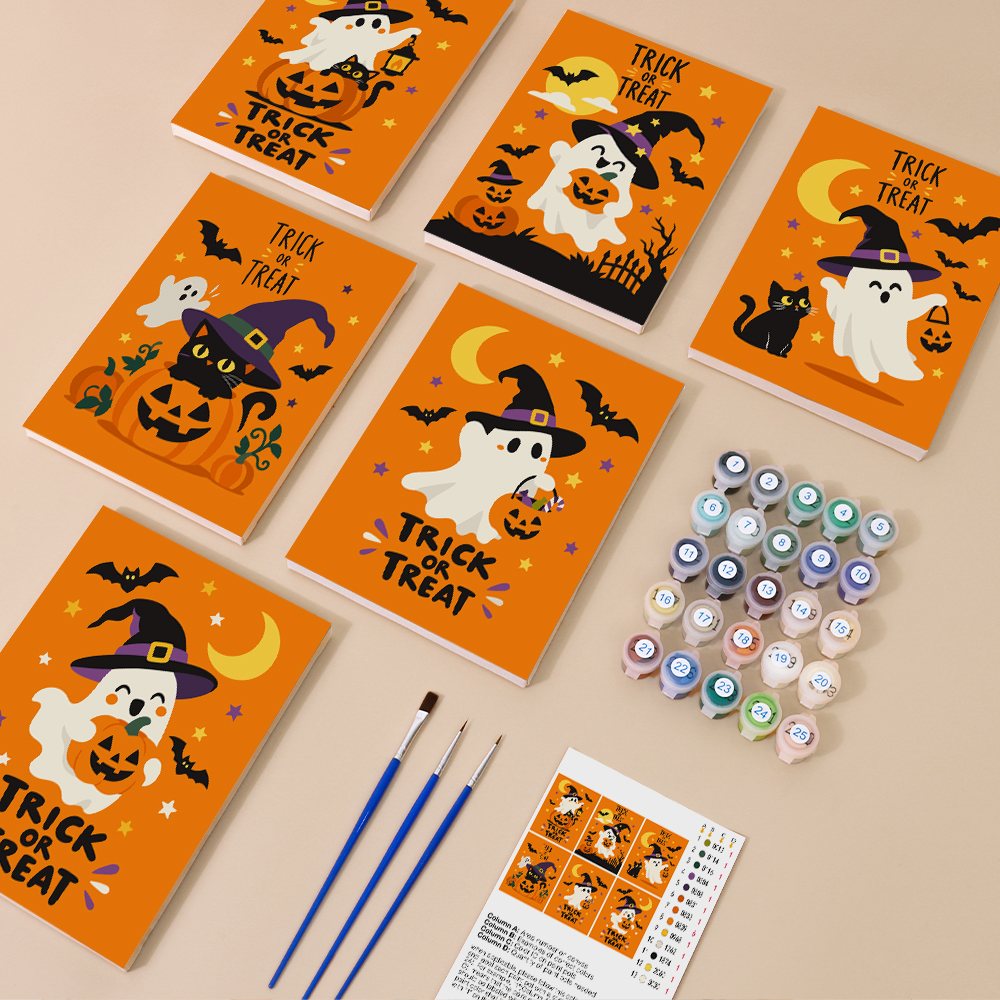 Tangerine Ghost Gang kit contents with six numbered canvases, paints, brushes and reference sheet