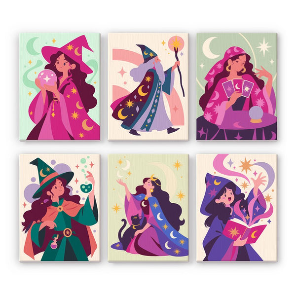 Tarot & Starlight Witches mini paint by numbers set showing all six Halloween designs