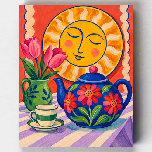 Tea with the Sun paint by numbers kit with a smiling sun above a floral blue teapot and pink tulips