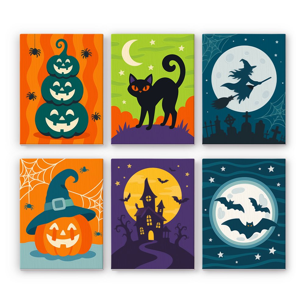 Teal & Tangerine Halloween mini paint by numbers set showing all six Halloween designs