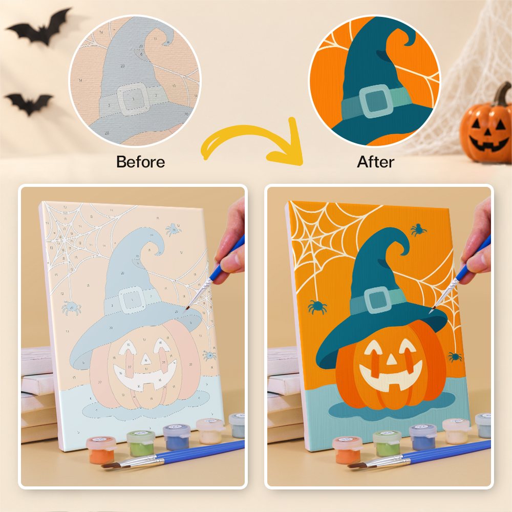 Before and after painting a Teal & Tangerine Halloween mini canvas