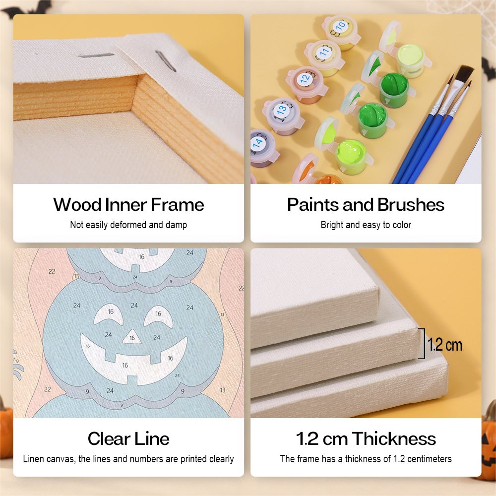 Canvas, wood frame, paint and brush details for the Teal & Tangerine Halloween mini set