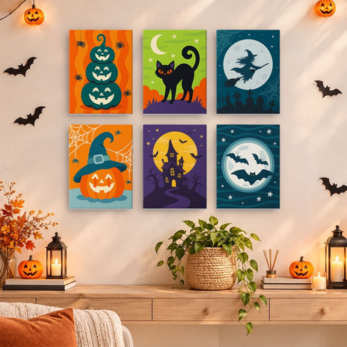 Teal & Tangerine Halloween mini paint by numbers set hung as a small Halloween gallery wall