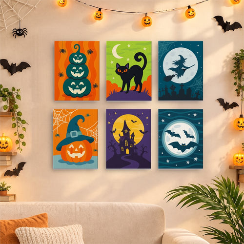 Teal & Tangerine Halloween mini canvases displayed together in a cozy Halloween living room